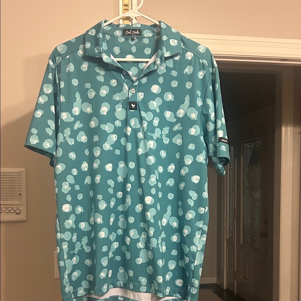 Bad birdie Men's Teal and White Patterned Polo
